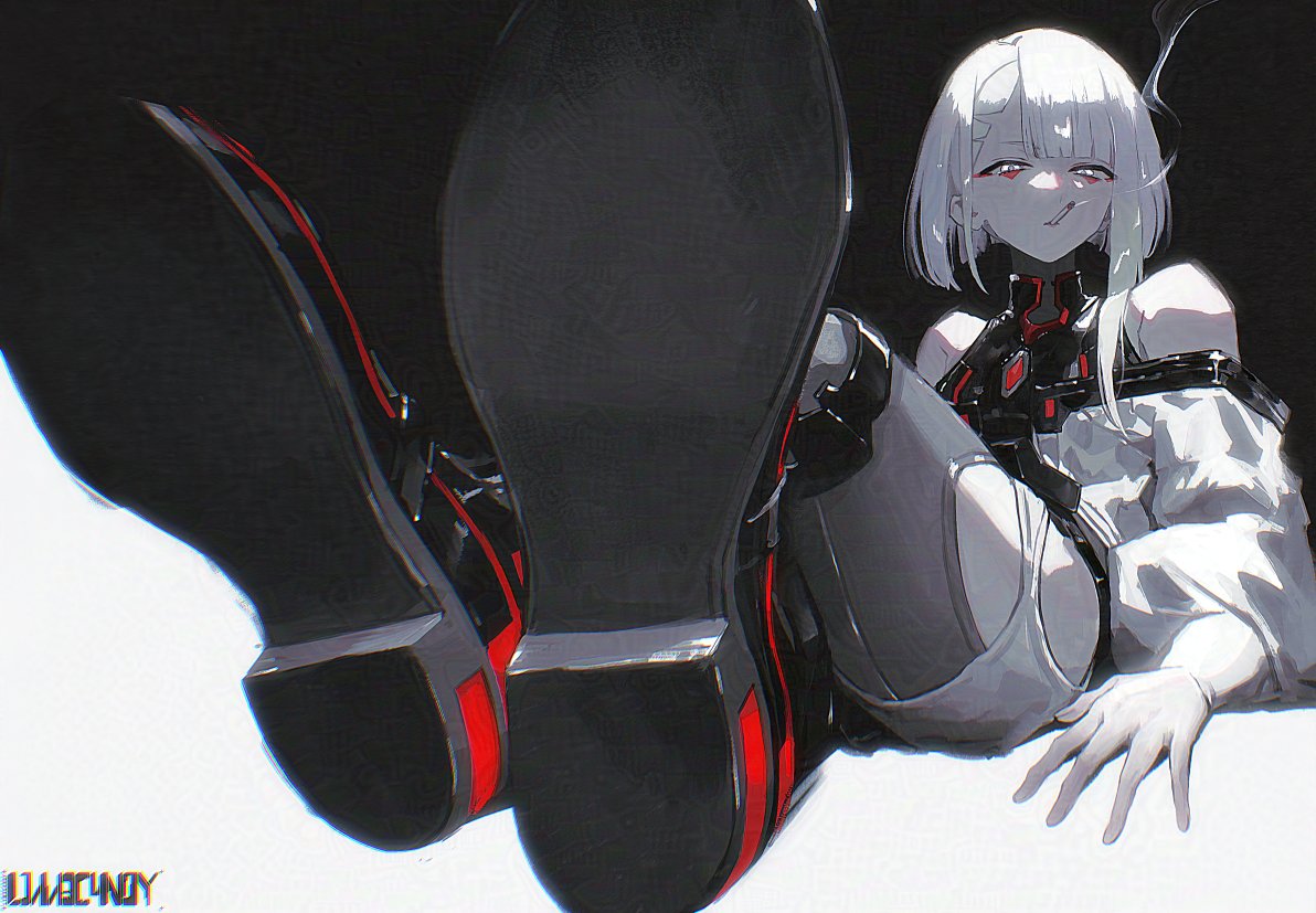 1girl, artificial_eye, bare_shoulders, black_shoes, blowing_smoke, breasts, cigarette, close-up