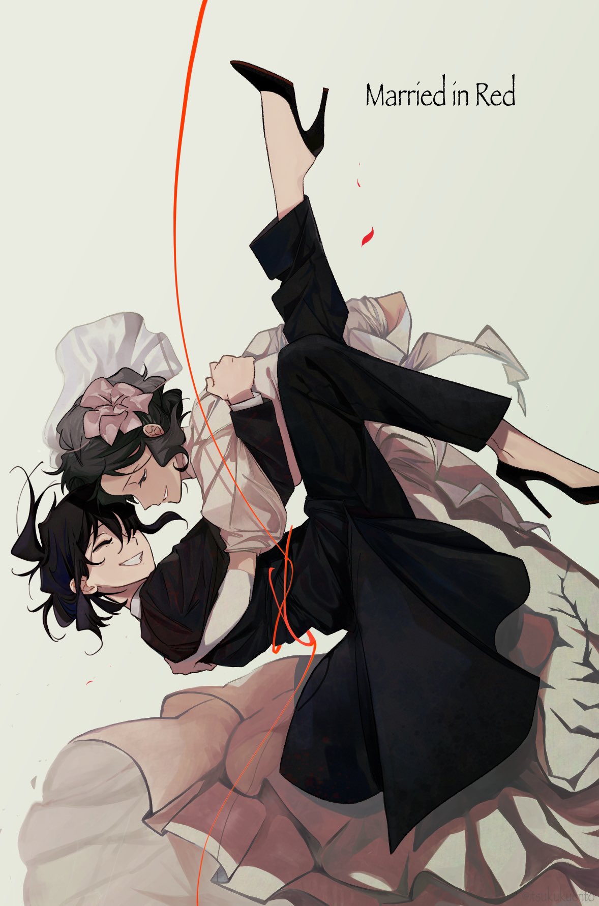 2girls, black_coat, black_hair, black_pants, black_shoes, bridal_veil, choi_dajeong, closed_eyes