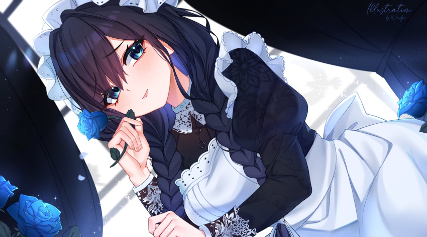 1girl, absurdres, apron, artist_name, black_dress, black_hair, blue_eyes, blue_flower