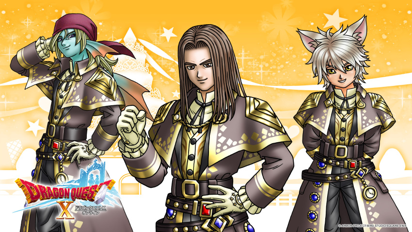 3boys, animal_ears, aqua_skin, arm_behind_head, arms_behind_back, artist_request, back_fin, bandana