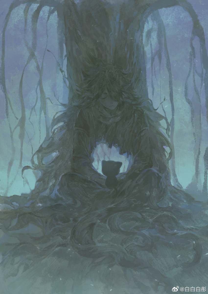 2boys, absurdres, black_cat, cat, closed_eyes, fengxi_(the_legend_of_luoxiaohei), highres, hole, luo_xiaohei, luo_xiaohei_(cat), luo_xiaohei_zhanji, multiple_boys, plant_roots, pointy_ears, sitting, tree, weibo_2871627840