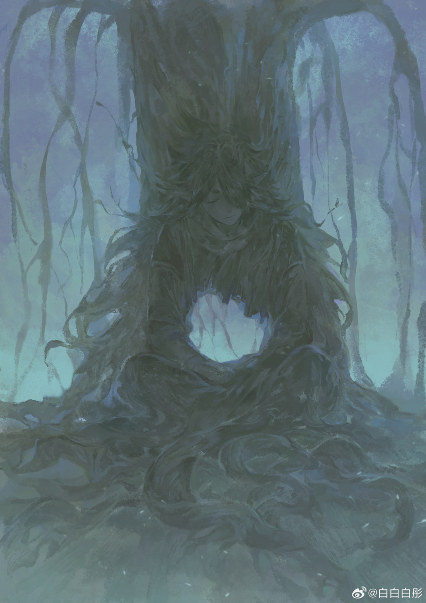 1boy, absurdres, closed_eyes, fengxi_(the_legend_of_luoxiaohei), highres, hole, luo_xiaohei_zhanji, plant_roots, pointy_ears, sitting, solo, tree, weibo_2871627840