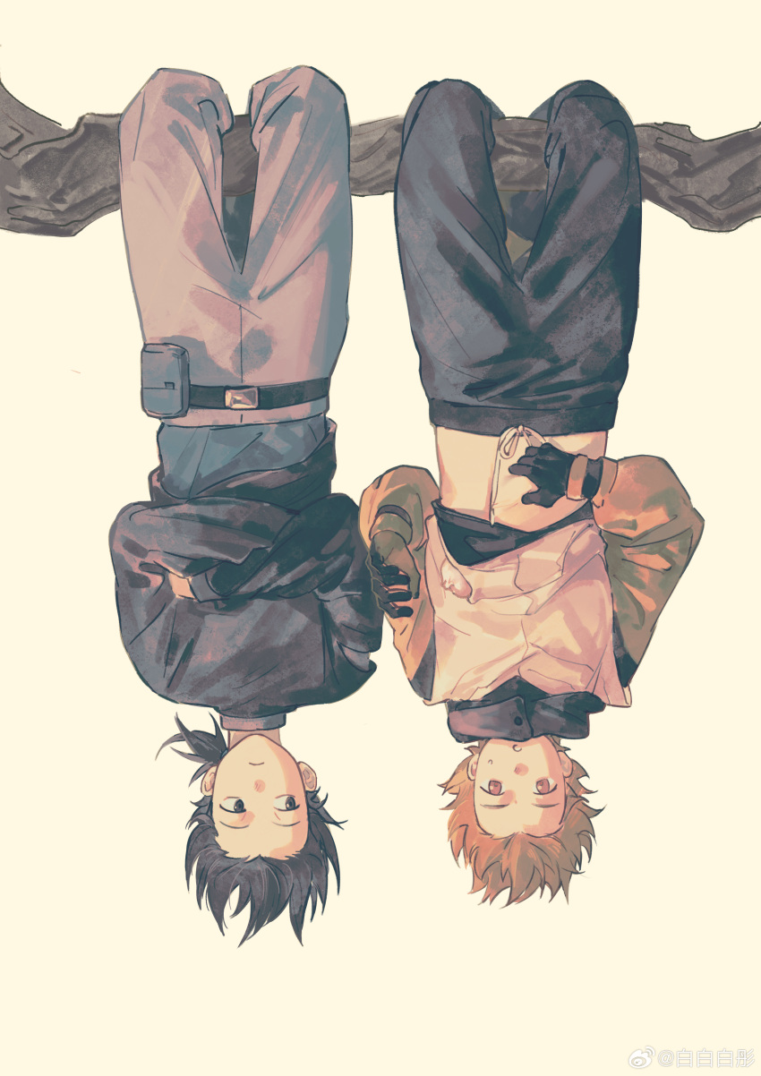 2boys, absurdres, black_hair, black_pants, black_shirt, blonde_hair, branch, grey_pants, highres, jia_(the_legend_of_luoxiaohei), luo_xiaohei_zhanji, medium_hair, midriff, multiple_boys, pants, ponytail, shirt, short_hair, simple_background, upside-down, weibo_2871627840, yi_(the_legend_of_luoxiaohei)