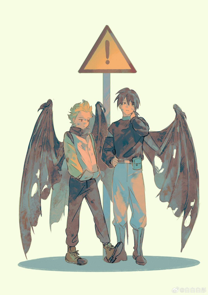 2boys, absurdres, black_hair, black_pants, black_shirt, blonde_hair, grey_pants, highres