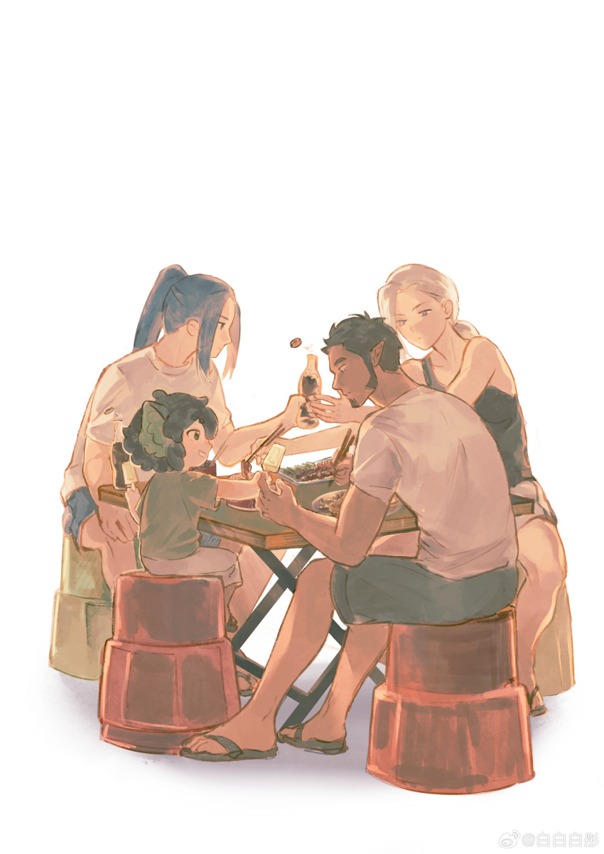 1girl, 3boys, absurdres, animal_ears, black_hair, black_tank_top, blue_hair, bottle