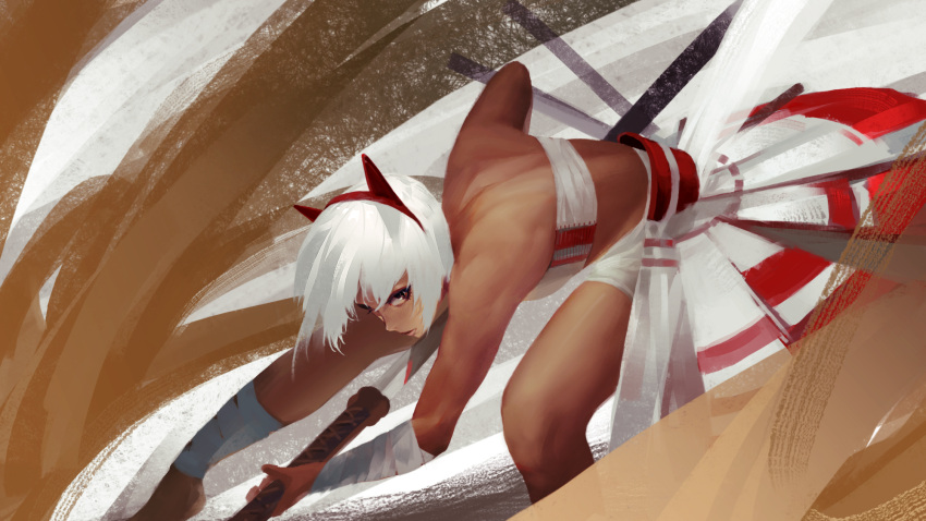 arm_wrap, commentary, dark-skinned_female, dark_skin, glaw, highres, holding, holding_sword
