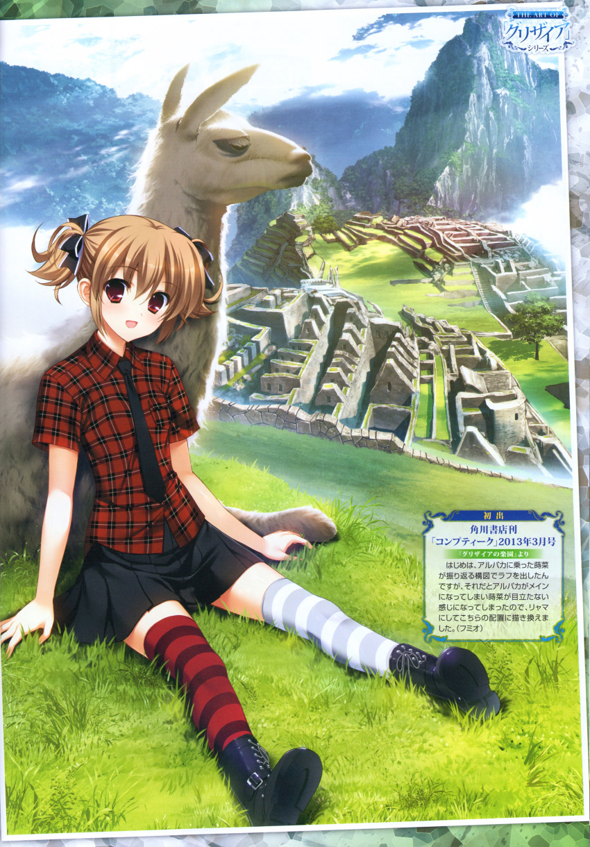 1girl, :d, absurdres, alpaca, animal, asymmetrical_legwear, black_boots, black_necktie