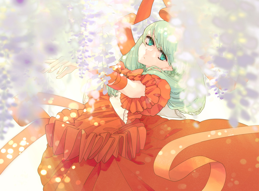 1girl, a-li, blurry, collar, commentary_request, depth_of_field, feet_out_of_frame, flower, frilled_collar, frilled_shirt, frills, front_ponytail, green_eyes, green_hair, hair_ribbon, head_tilt, highres, kagiyama_hina, long_hair, long_skirt, looking_to_the_side, outstretched_arm, puffy_short_sleeves, puffy_sleeves, purple_flower, red_ribbon, red_shirt, red_skirt, ribbon, shirt, short_sleeves, skirt, solo, touhou, white_background, white_collar, wisteria