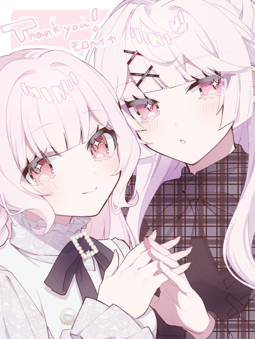 2girls, blush, bow, bowtie, braid, commission, hair_ornament, highres
