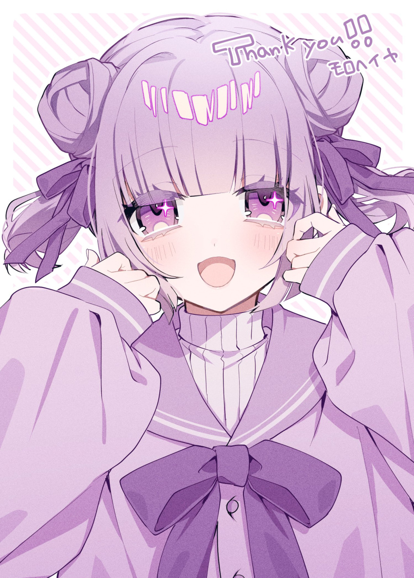1girl, :d, blunt_bangs, blush, bow, bowtie, commission, double_bun