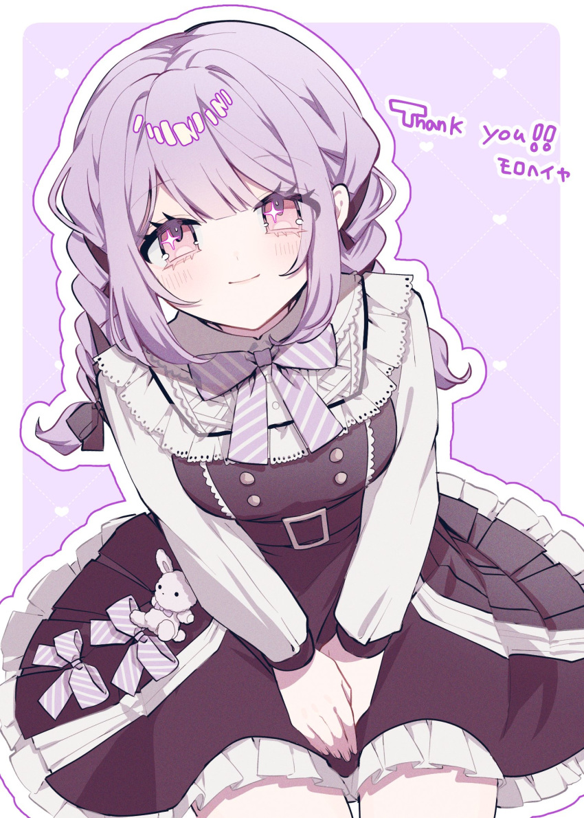1girl, belt, black_dress, blush, bow, bowtie, braid, closed_mouth