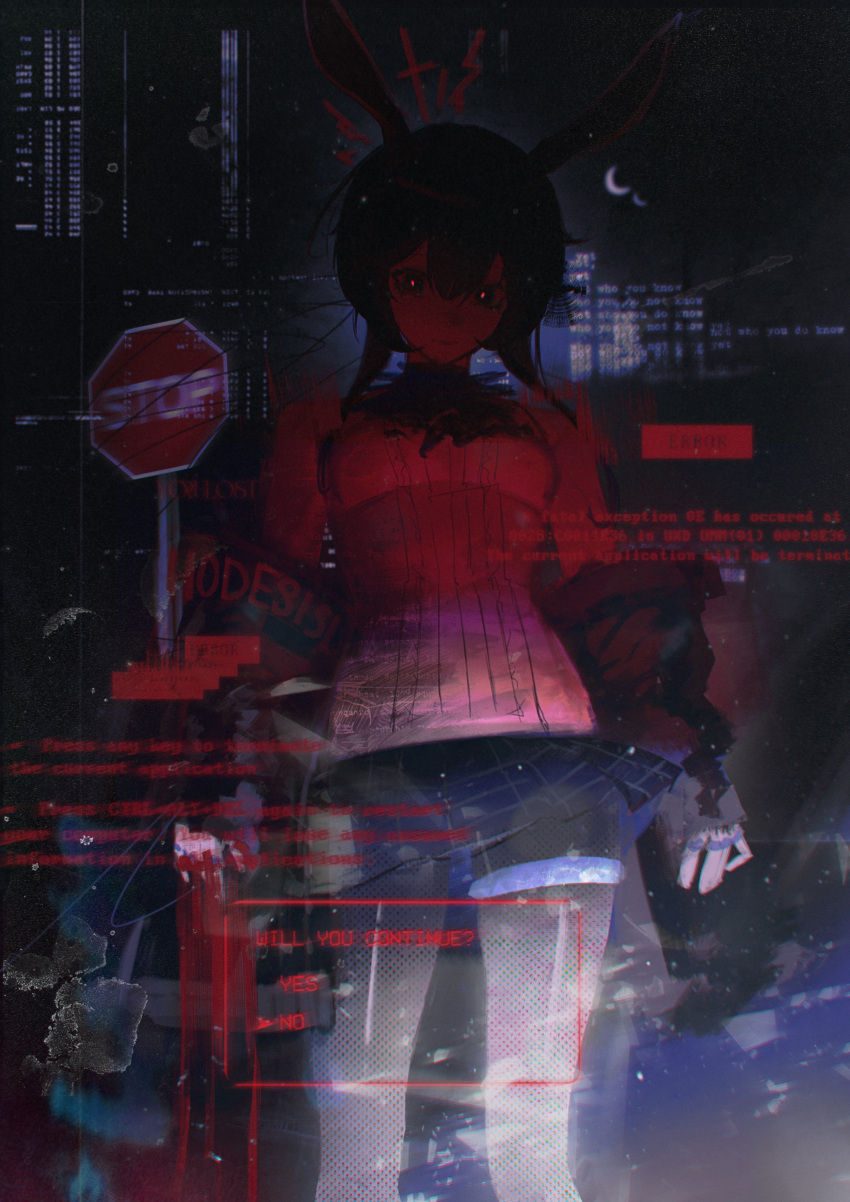 1girl, absurdres, amiya_(arknights), animal_ears, arknights, ascot, black_jacket, blood, blue_ascot, blue_screen_of_death, blue_shorts, blue_skirt, closed_mouth, cowboy_shot, dark, english_text, error_message, expressionless, film_grain, glitch, glowing_pupils, hair_between_eyes, highres, horror_(theme), jacket, jewelry, long_hair, looking_at_viewer, low_twintails, miniskirt, multiple_rings, pleated_skirt, rabbit_ears, rabbit_girl, ring, road_sign, shirt, short_shorts, shorts, shorts_under_skirt, sidelocks, sign, skirt, solo, staring, stop_sign, twintails, white_shirt, yorulost
