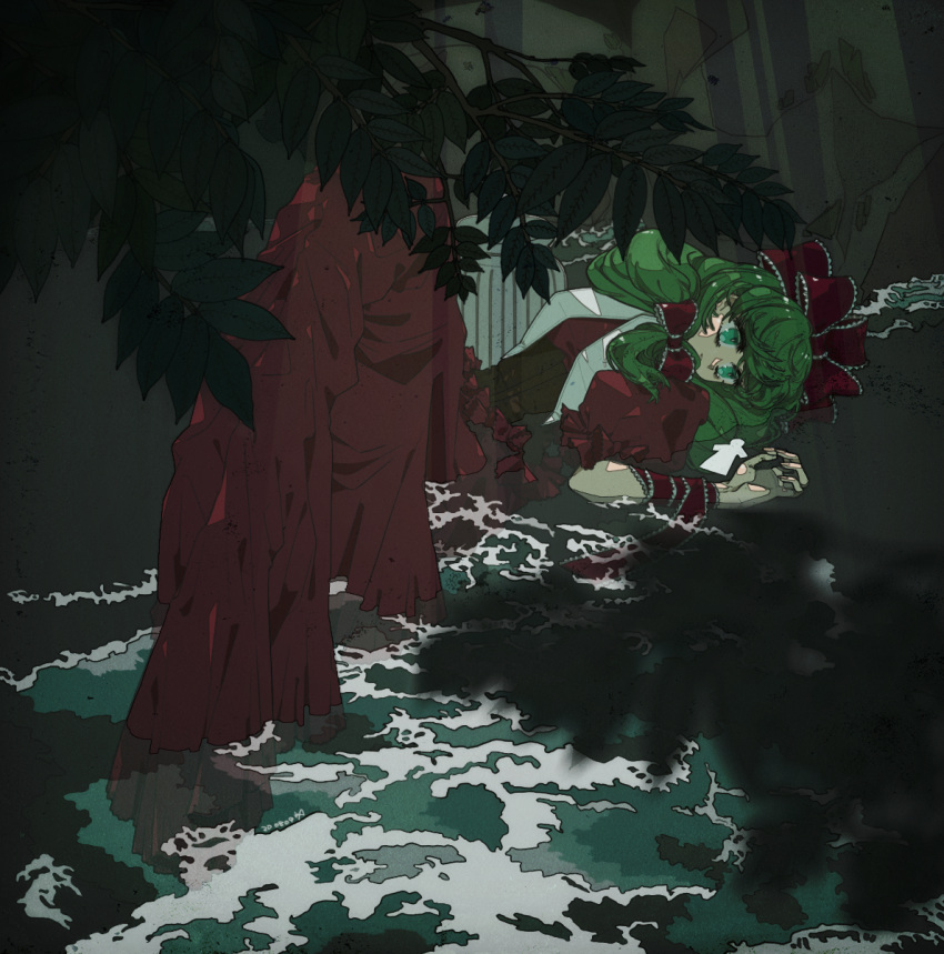 1girl, a-li, arm_ribbon, blurry, branch, brown_corset, collar, commentary_request, corset, depth_of_field, dress, frilled_ribbon, frills, green_eyes, green_hair, hair_ribbon, highres, in_water, kagiyama_hina, knees_up, leaf, light_rays, long_dress, long_hair, lying, on_back, on_ground, puffy_short_sleeves, puffy_sleeves, red_dress, red_ribbon, ribbon, short_sleeves, solo, sunbeam, sunlight, touhou, vase, white_collar
