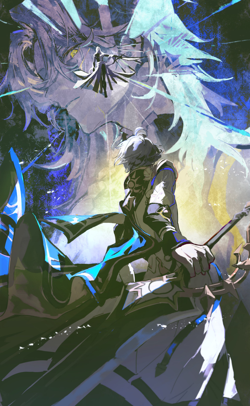 3boys, absurdres, ahoge, cape, fis6019, highres, holding, holding_sword