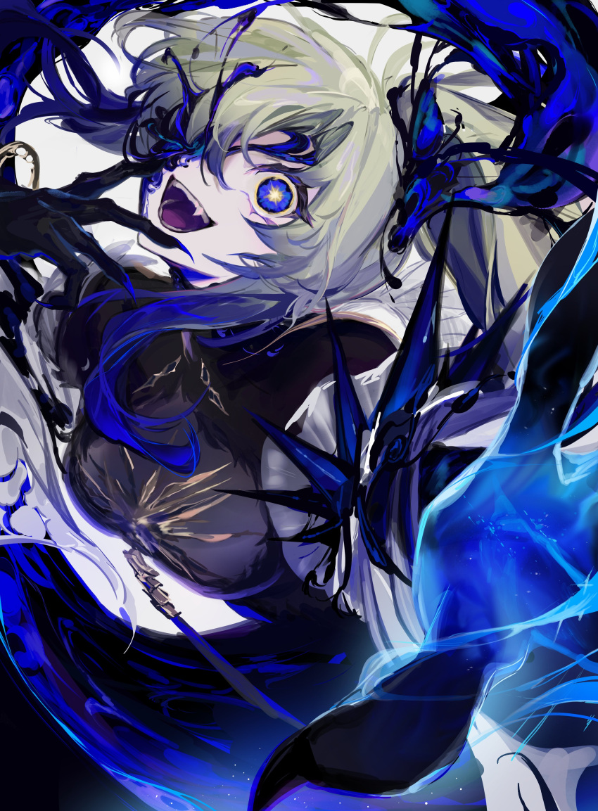1girl, absurdres, animal_hands, arcaea, black_bodysuit, black_gloves, blonde_hair, blue_eyes, bodystocking, bodysuit, breasts, corruption, crazy_smile, curtained_hair, fangs, gloves, green_hair, hair_over_one_eye, high_ponytail, highres, jacket, jewelry, long_hair, medium_breasts, multiple_rings, nonoka_(awakended)_(arcaea), one_eye_covered, ponytail, possessed, ring, smile, solo, star-shaped_pupils, star_(symbol), symbol-shaped_pupils, upper_body, white_jacket, white_sleeves, xettia