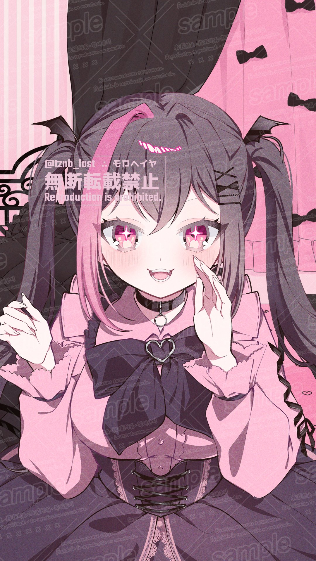 1girl, black_bow, black_bowtie, black_choker, black_hair, blush, bow, bowtie, choker, collar, commission, hair_ornament, hairclip, head_wings, highres, jirai_kei, long_hair, long_sleeves, looking_at_viewer, multicolored_hair, open_mouth, original, pink_eyes, pink_hair, pink_shirt, pink_theme, sample_watermark, shirt, smile, solo, streaked_hair, twintails, tznb_last, upper_body, watermark, wings