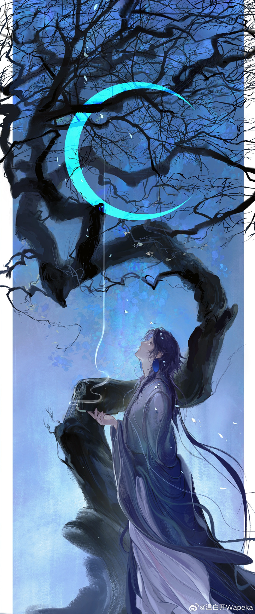1boy, absurdres, blue_hair, chinese_clothes, crescent, crescent_moon, earrings, falling_petals