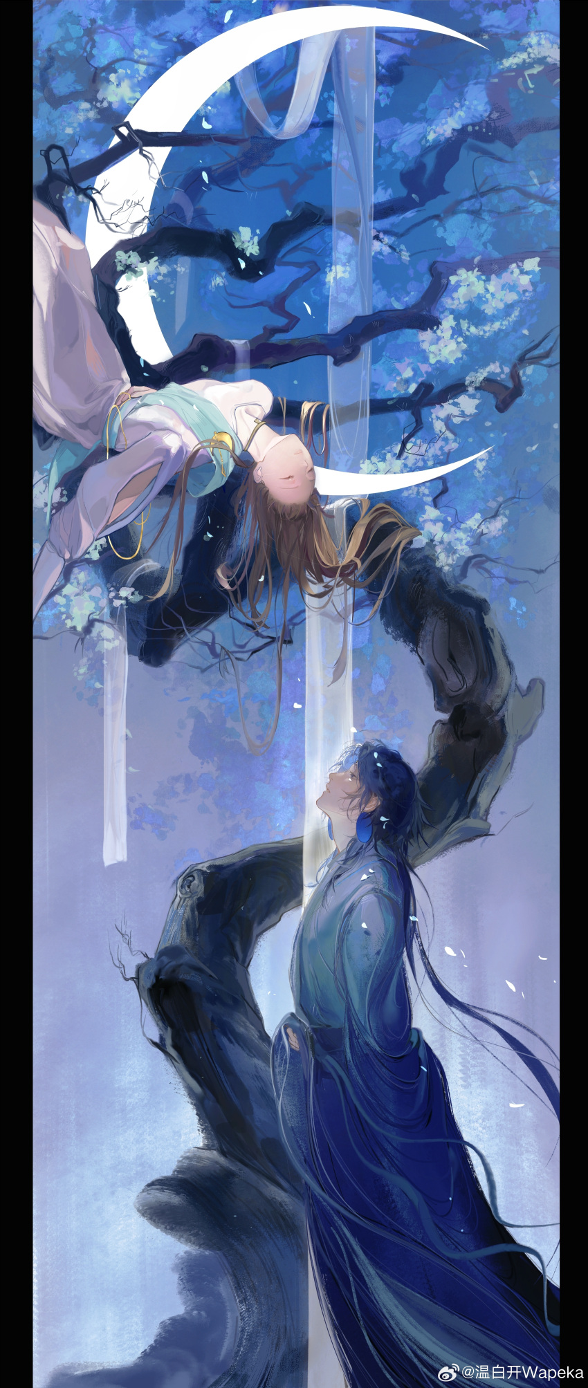 1boy, 1girl, absurdres, black_hair, blue_hair, chinese_clothes, closed_eyes, crescent, crescent_moon, earrings, falling_petals, highres, jewelry, lanxi_zhen, laojun_(the_legend_of_luoxiaohei), li_qingning_(the_legend_of_luoxiaohei), long_hair, long_sleeves, luo_xiaohei_zhanji, moon, petals, tree, weibo_6632877838