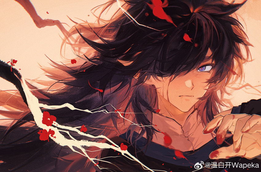 1boy, blood, blood_on_hands, chromatic_aberration, fengxi_(the_legend_of_luoxiaohei), hair_over_one_eye, hand_up, highres, long_hair, looking_at_viewer, luo_xiaohei_zhanji, pointy_ears, purple_hair, red_background, solo, violet_eyes, weibo_6632877838
