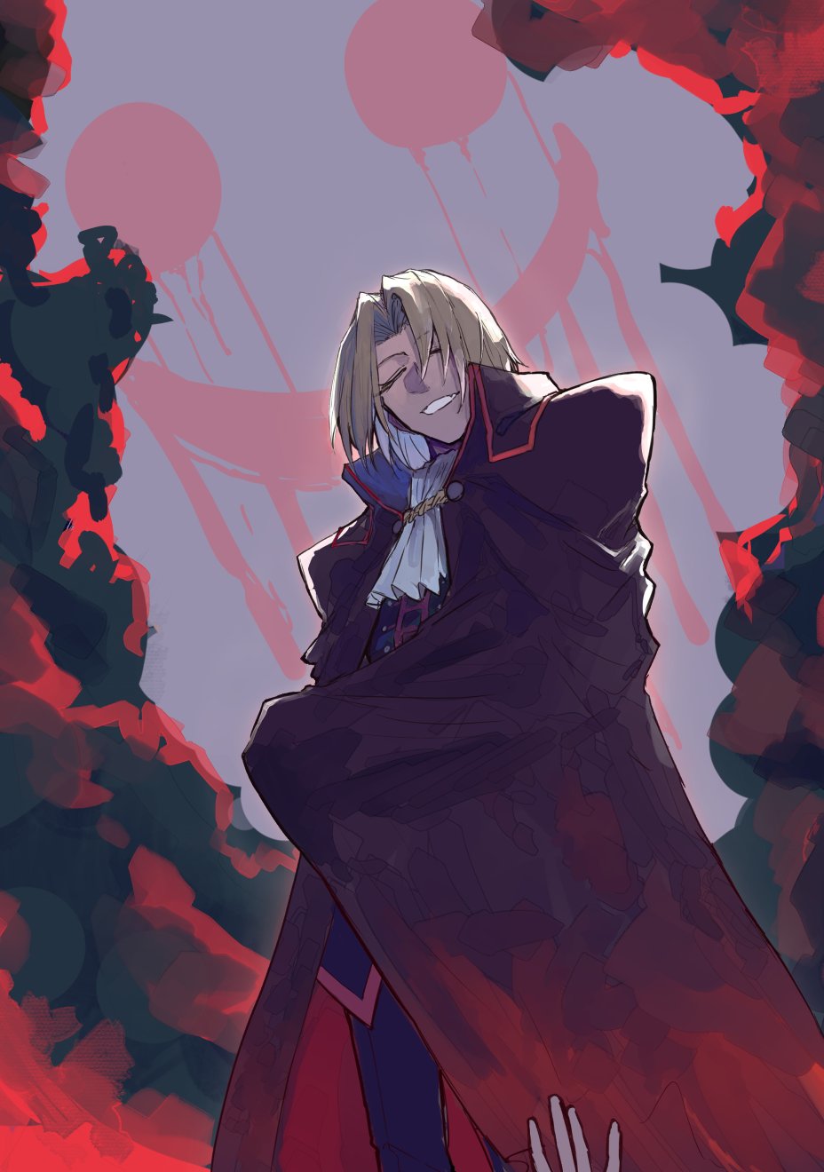 1boy, ascot, blonde_hair, blood, blood_from_eyes, cape, closed_eyes, formal_clothes