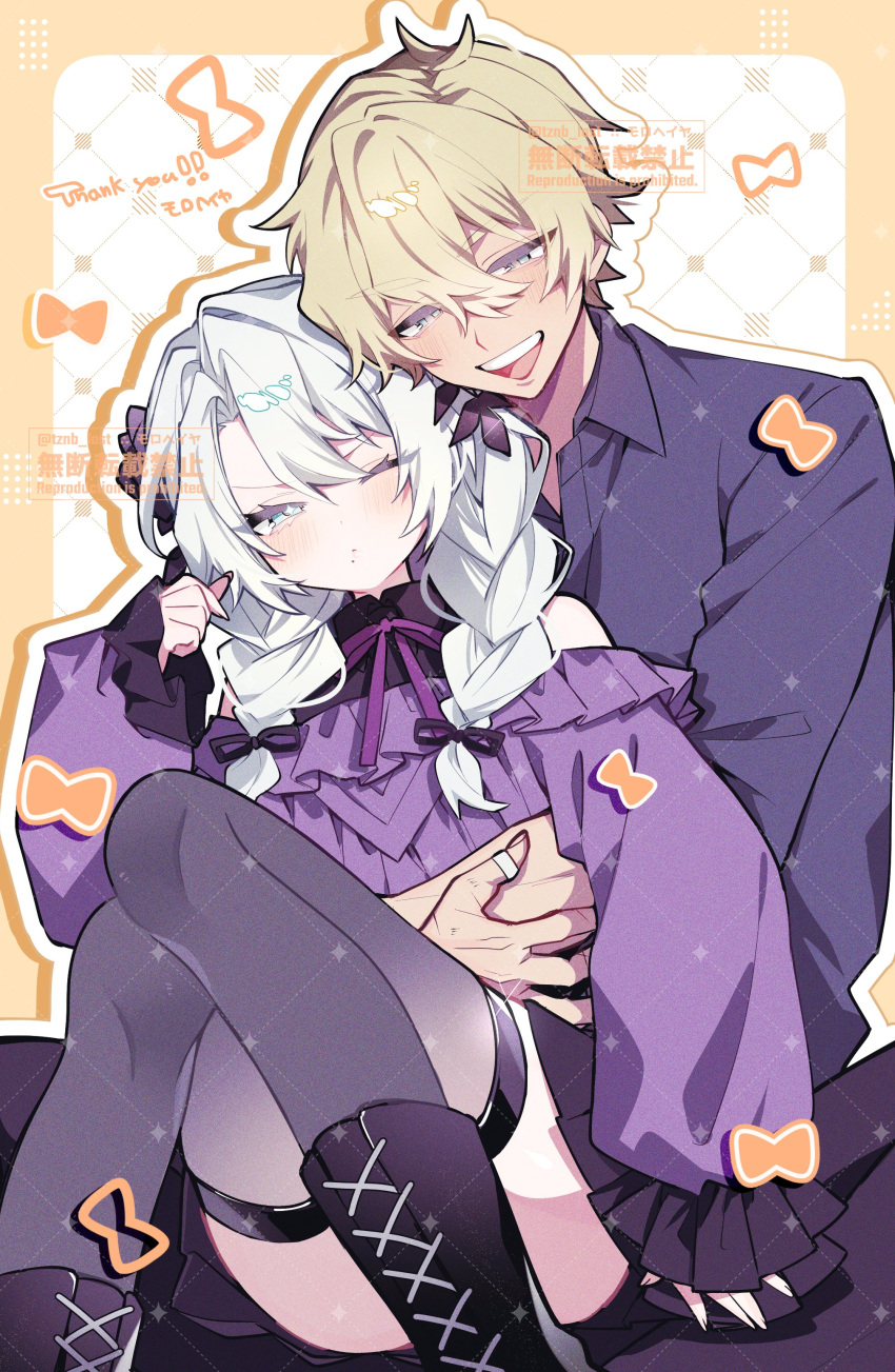 1boy, 2boys, absurdres, black_shirt, blonde_hair, blue_shirt, blush, bow