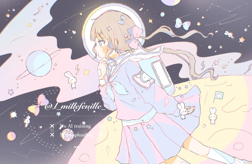 1girl, backpack, bag, bandaid, bandaid_on_leg, blue_bag, blue_bow, blue_eyes