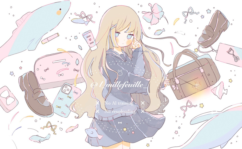 1girl, bag, black_sailor_collar, black_skirt, blue_eyes, blue_sailor_collar, blush, bow