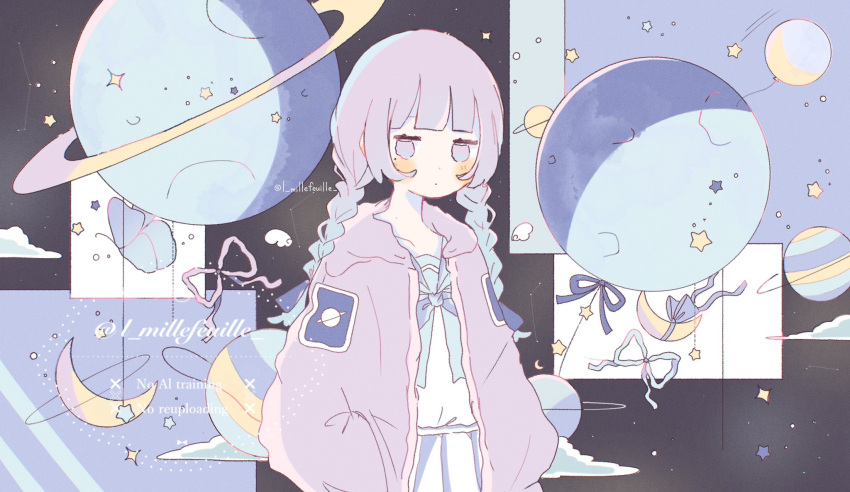 1girl, balloon, blue_ribbon, blush, braid, closed_mouth, dot_mouth, expressionless