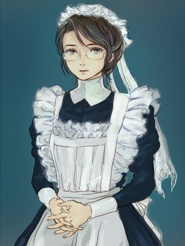 emma, glasses, hair_up, hands_clasped, lowres, maid, maid_headdress, portrait