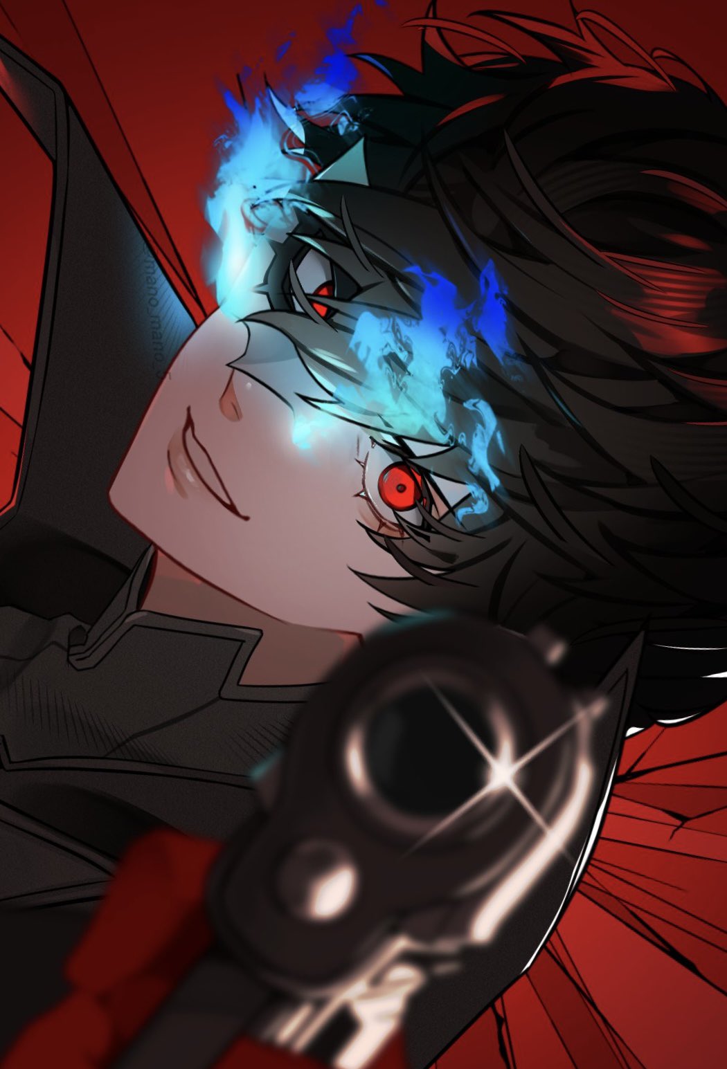1boy, aiming, aiming_at_viewer, amamiya_ren, black_hair, black_jacket, black_shirt, blue_fire