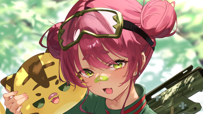 1girl, :d, blurry, blurry_background, blurry_foreground, blush, depth_of_field, double_bun