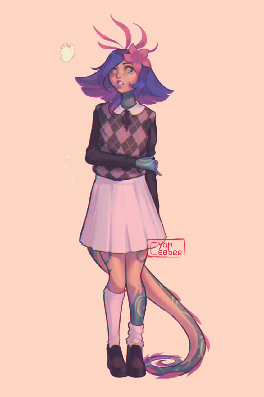 1girl, arm_at_side, artist_name, black_sweater, blue_hair, brown_shoes, bug, butterfly