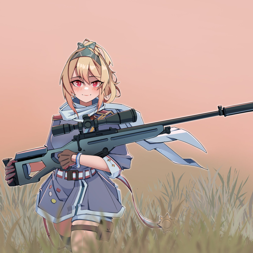 1girl, belt, blonde_hair, bolt_action, bow, brown_background, brown_gloves, closed_mouth, commentary, cowboy_shot, girls_frontline, gloves, green_bow, green_hairband, grey_jacket, gun, hair_bow, hairband, highres, holding, holding_gun, holding_weapon, jacket, looking_at_viewer, military_jacket, pouch, red_eyes, rifle, scarf, scope, simple_background, smile, sniper_rifle, solo, straight-on, suppressor, sv-98, sv-98_(girls'_frontline), tascalate, thigh_pouch, vegetation, weapon, white_scarf