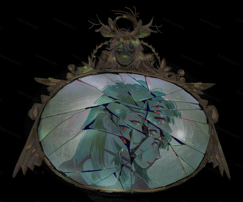 1girl, black_background, broken, broken_glass, broken_mirror, crack, cracked_glass, damaged