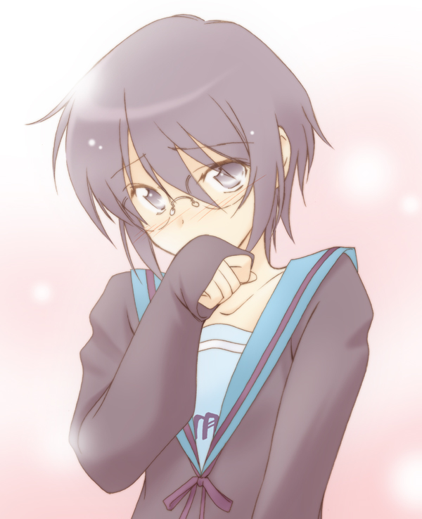 cardigan, glasses, grey_eyes, grey_hair, nagato_yuki, natsushi, school_uniform, serafuku