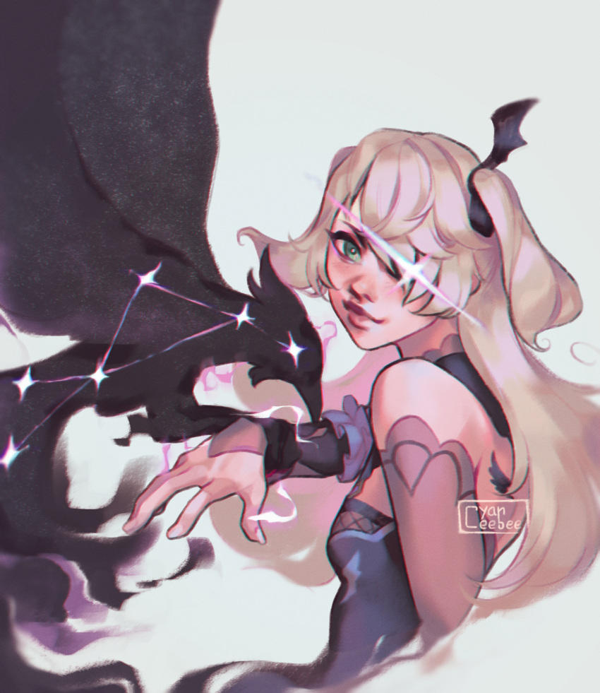 1girl, artist_name, bat_hair_ornament, bird, bird_on_hand, black_dress, blonde_hair, blue_background