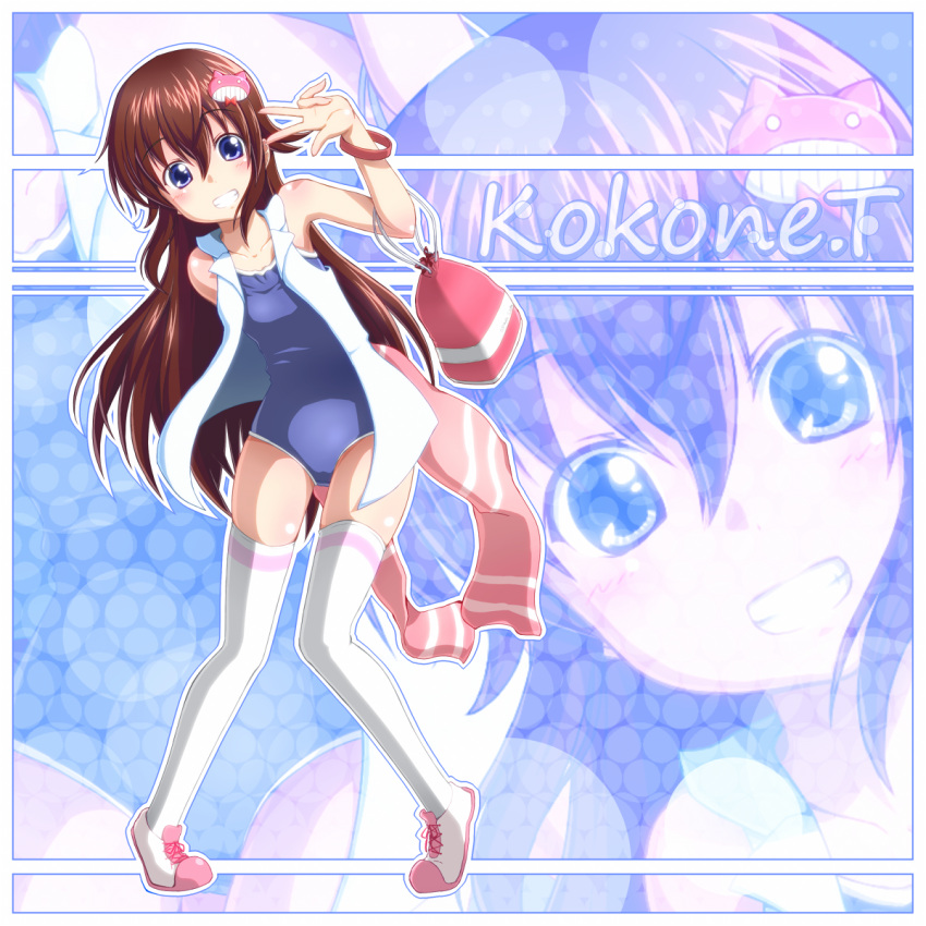blue_eyes, brown_hair, dress_shirt, grin, highres, long_hair, original, scarf
