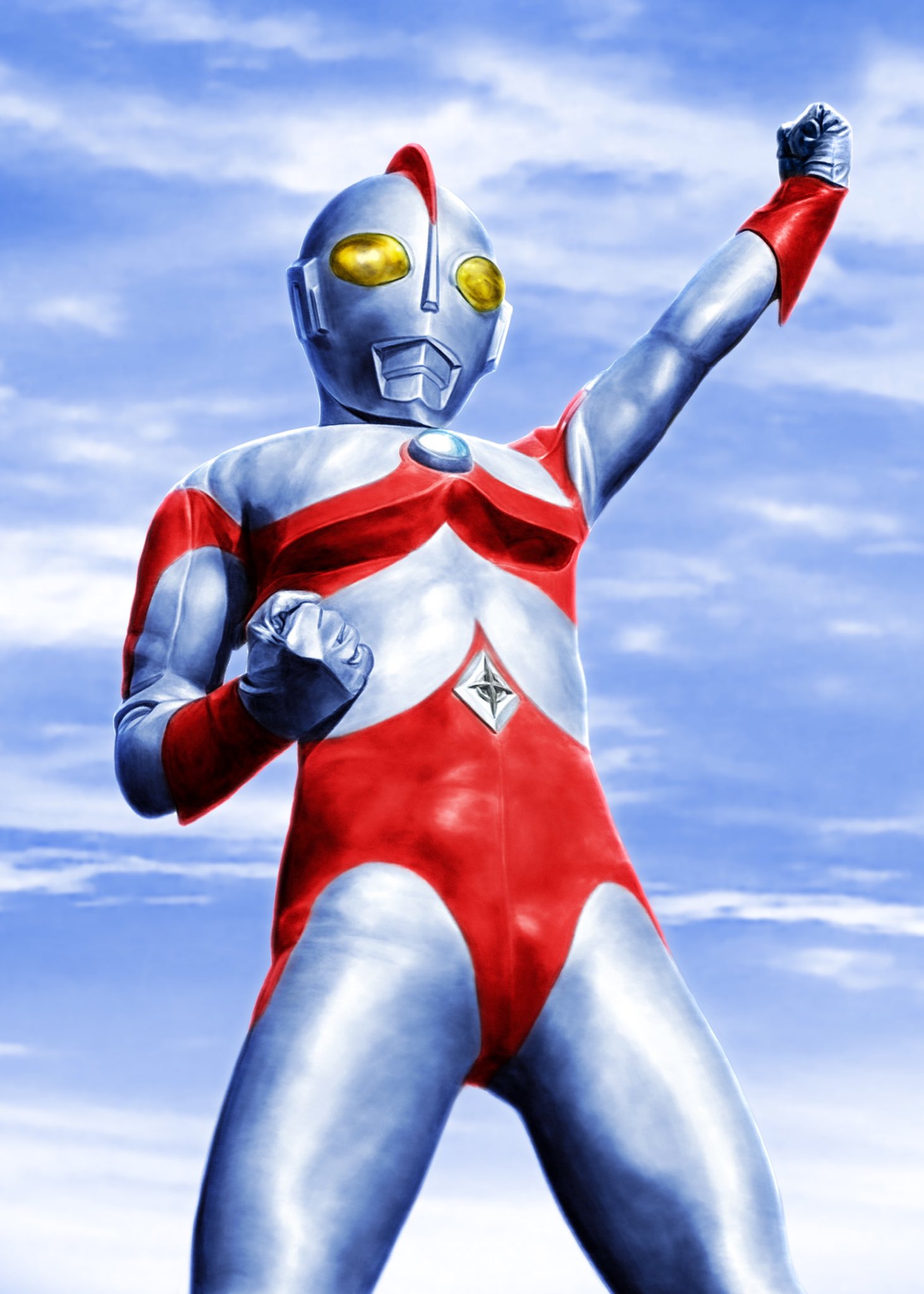 1boy, alien, arm_guards, arm_up, blue_sky, clenched_hands, clouds, cloudy_sky