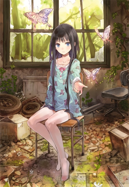 background, blue_eyes, butterfly, feet, kami-sama_no_memo-chou, kamisama_no_memo_chou, kamisama_no_memochou, kishida_mel