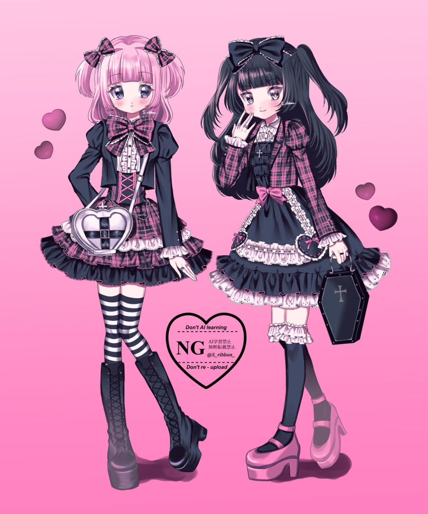 2girls, bag, black_boots, black_bow, black_dress, black_hair, black_jacket, black_thighhighs