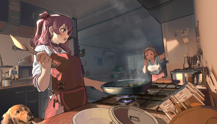 2girls, absurdres, air_conditioner, apron, blender_(object), brown_hair, chair, cloud_nine_(798392138)