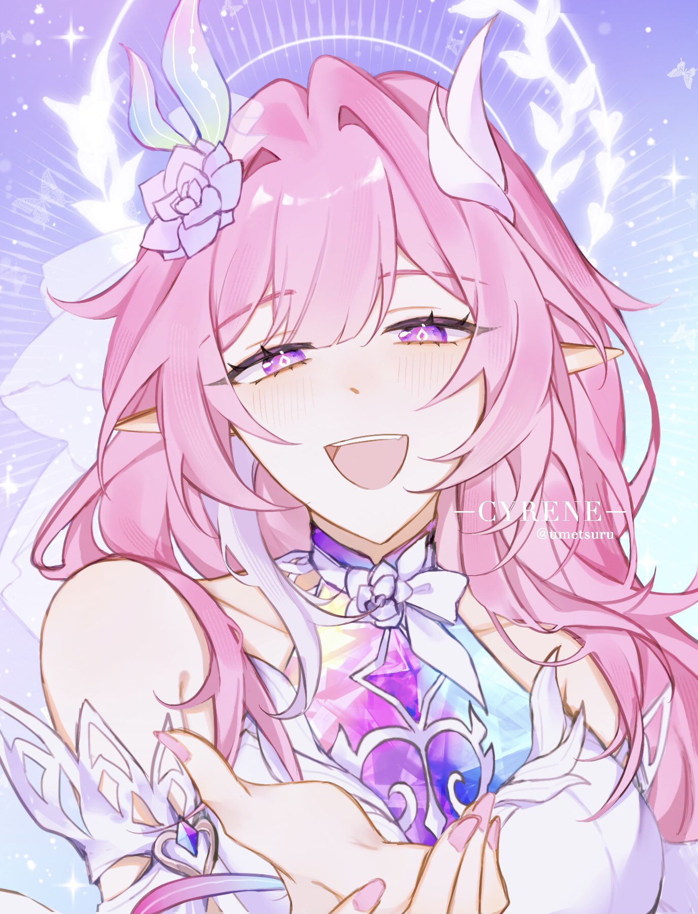 1girl, bare_shoulders, blue_sky, breasts, character_name, cyrene_(honkai:_star_rail), cyrene_(ripples_of_past_reverie)_(honkai:_star_rail), diamond-shaped_pupils, diamond_(shape), dress, flower, hair_flower, hair_ornament, halo, hashtag-only_commentary, highres, honkai:_star_rail, honkai_(series), large_breasts, long_hair, looking_at_viewer, pink_hair, reaching, reaching_towards_viewer, sky, solo, symbol-shaped_pupils, umetsuru, upper_body, very_long_hair, violet_eyes, white_dress