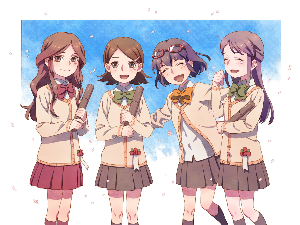 blue_hair, brown_eyes, brown_hair, closed_eyes, esukee, eyes_closed, glasses, glasses_on_head
