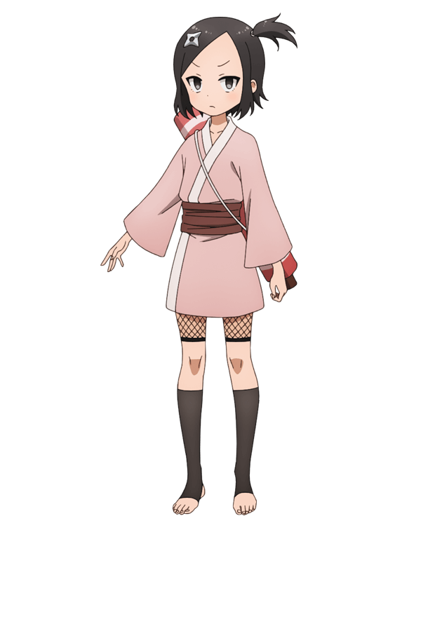 1girl, anime_coloring, black_eyes, black_hair, blush, breasts, closed_mouth, collarbone, fishnet_shorts, fishnets, flat_chest, full_body, hair_ornament, japanese_clothes, kimono, kimono_skirt, kunoichi_tsubaki_no_mune_no_uchi, long_sleeves, looking_at_viewer, ninja, official_art, okuda_yousuke, one_side_up, open_hand, outstretched_arm, pink_kimono, scroll, scroll_tube, short_hair, short_kimono, shuriken, shuriken_hair_ornament, sidelocks, simple_background, solo, standing, tachi-e, toeless_legwear, toes, touwata_(kunoichi_tsubaki_no_mune_no_uchi), transparent_background, tsurime, v-shaped_eyebrows, weapon, wide_sleeves