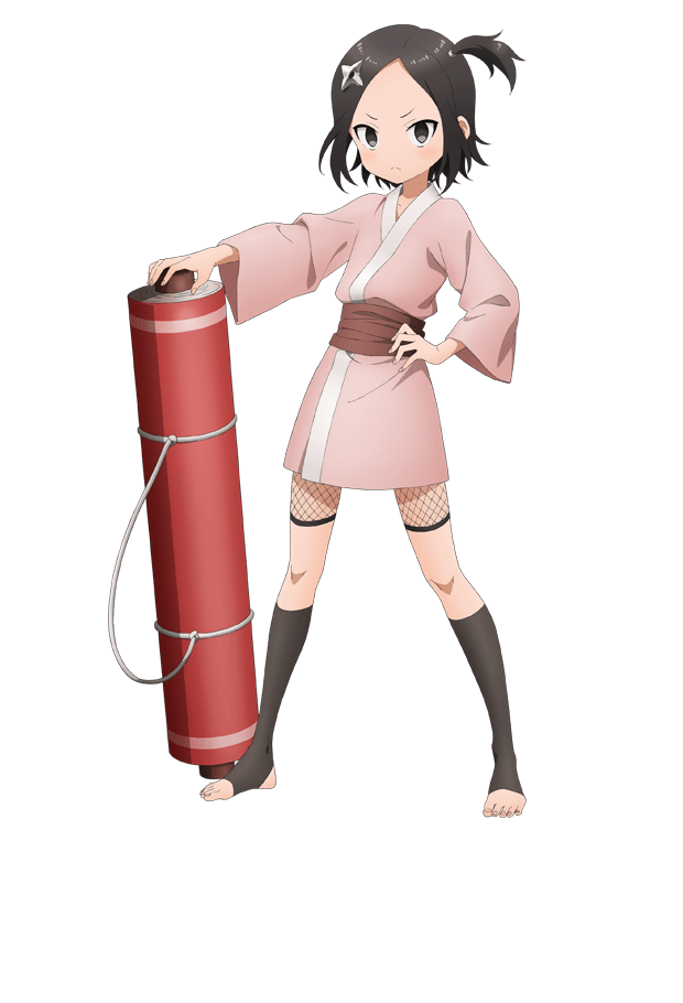 1girl, anime_coloring, black_eyes, black_hair, blush, breasts, closed_mouth, collarbone, fishnet_shorts, fishnets, flat_chest, full_body, hair_ornament, hand_on_own_hip, japanese_clothes, kimono, kimono_skirt, kunoichi_tsubaki_no_mune_no_uchi, long_sleeves, looking_at_viewer, ninja, official_art, okuda_yousuke, one_side_up, parted_bangs, pink_kimono, scroll, scroll_tube, short_hair, short_kimono, shuriken, shuriken_hair_ornament, sidelocks, simple_background, solo, standing, tachi-e, toeless_legwear, toes, touwata_(kunoichi_tsubaki_no_mune_no_uchi), transparent_background, tsurime, v-shaped_eyebrows, weapon, wide_sleeves