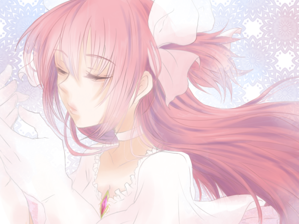 closed_eyes, eyes_closed, gloves, goddess_madoka, gouwan, kaname_madoka, long_hair, mahou_shoujo_madoka_magica, pink_hair, solo, spoilers, twintails, ultimate_madoka
