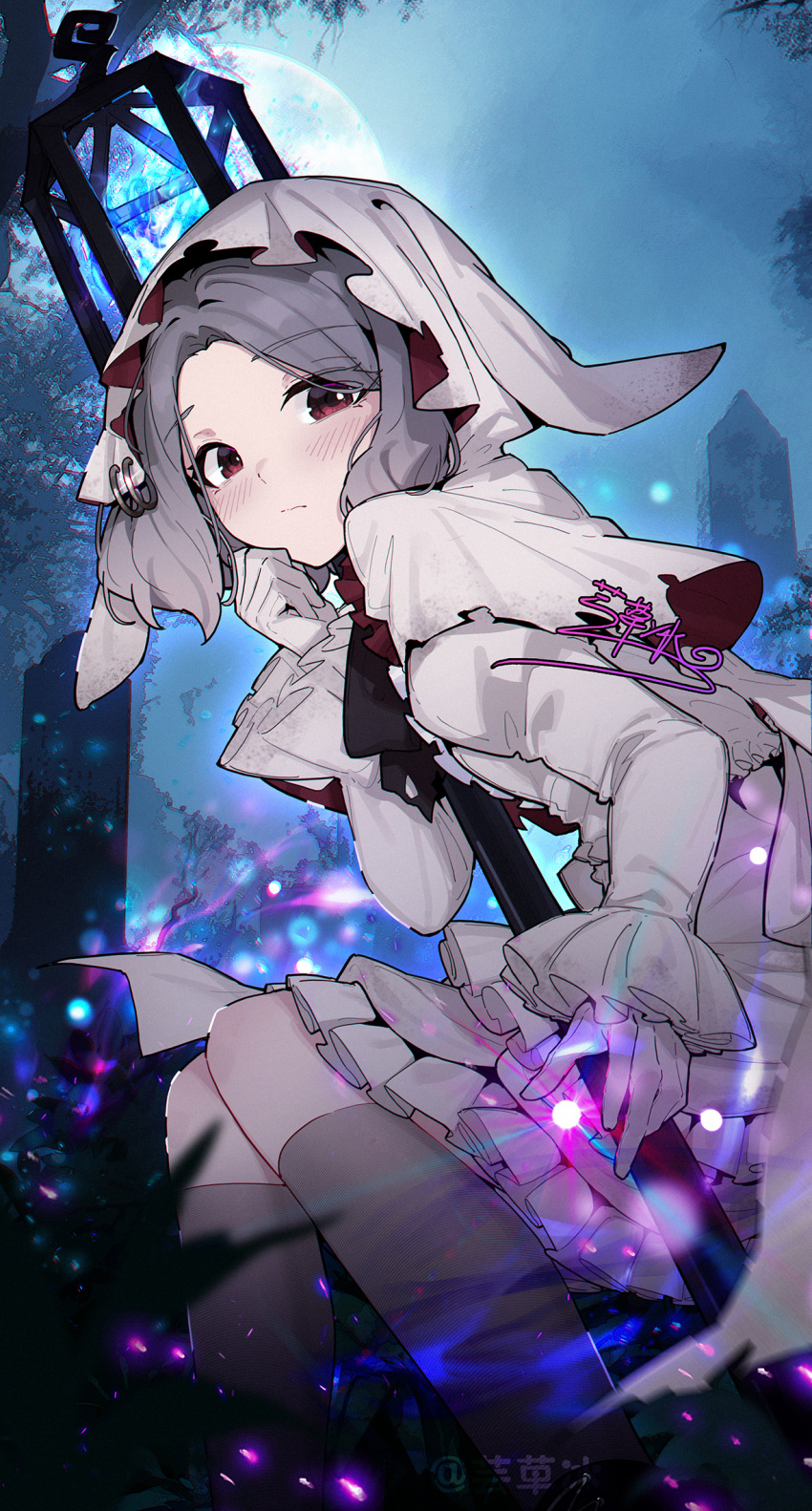 1girl, blush, chinese_commentary, closed_mouth, commentary_request, dress, ebizuka_tomo, full_moon