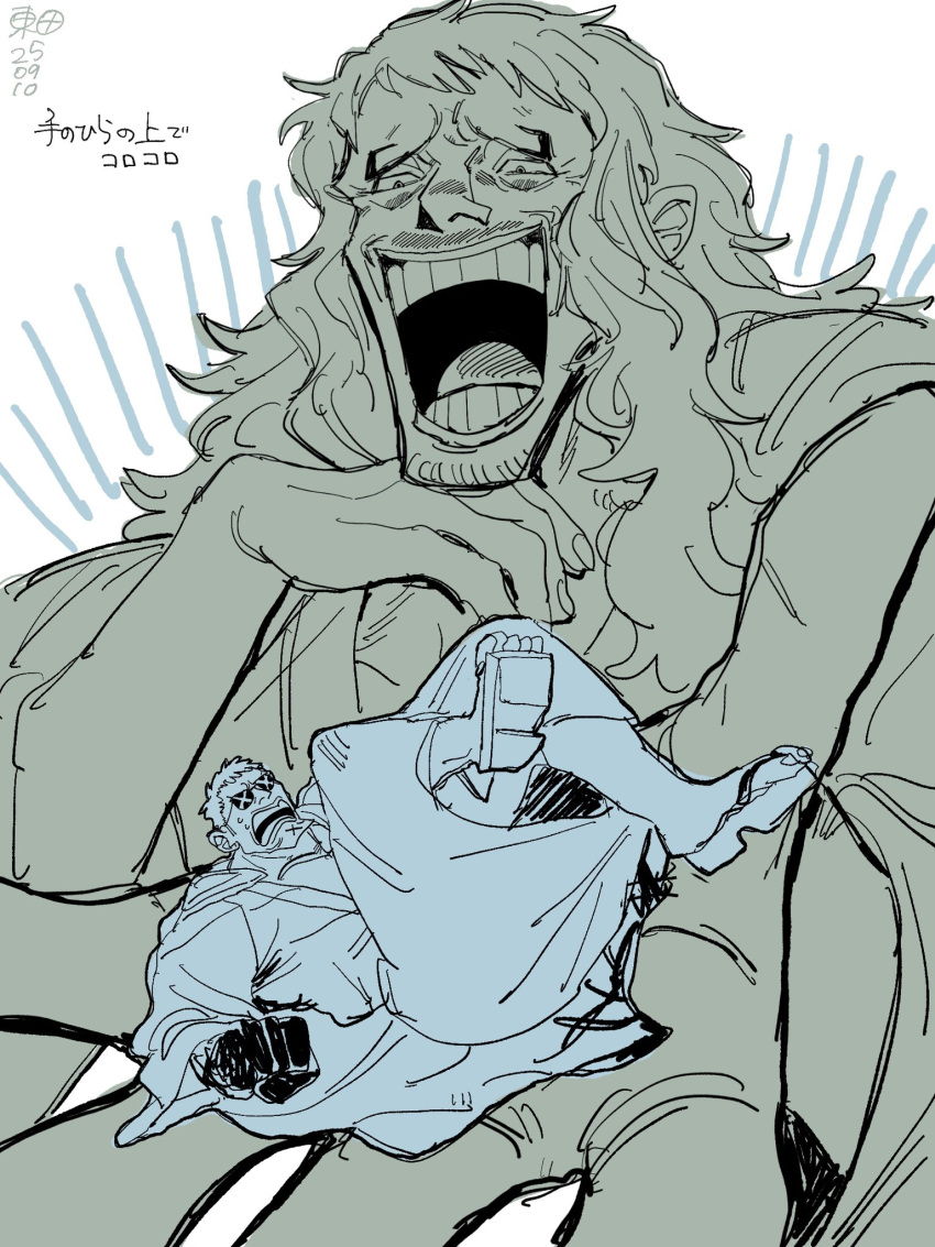 2boys, blonde_hair, falling, geta, higashida_623, highres, japanese_clothes, kimono, kinjishi_no_shiki, laughing, long_hair, looking_at_another, male_focus, mocking, monochrome, multiple_boys, one_piece, open_mouth, scar, scar_on_face, scared, short_hair, silver_axe_kyo, sketch, small_sweatdrop, smile, sunglasses, teeth, white_hair