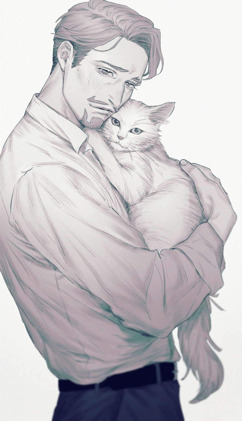 1boy, absurdres, animal, beard, belt, blush, cat, challia_bull