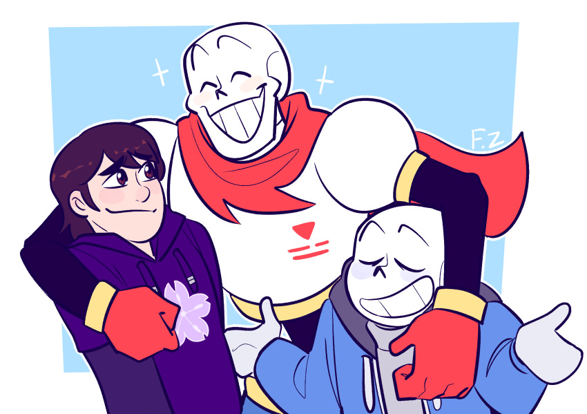 1other, 2021, 2boys, 2d, ^_^, ambiguous_gender, arm_around_neck, armor, blue_background, blue_jacket, blue_shorts, border, brothers, brown_eyes, brown_hair, cape, digital_media, frechiiie, gloves, grey_hood, grey_mittens, grin, height_difference, highres, hood, hood_down, hooded_jacket, hoodie, humanoid, jacket, male, mittens, monster, monster_boy, multiple_boys, open_clothes, open_jacket, original, original_character, outstretched_arms, papyrus_(undertale), purple_hoodie, red_cape, red_gloves, sans_(undertale), shirt, short_hair, shorts, shrugging, siblings, simple_background, skeleton, smile, teeth, trio, two-tone_background, u_u, undead, undertale, utdr_(toby_fox), white_armor, white_background, white_border, white_shirt